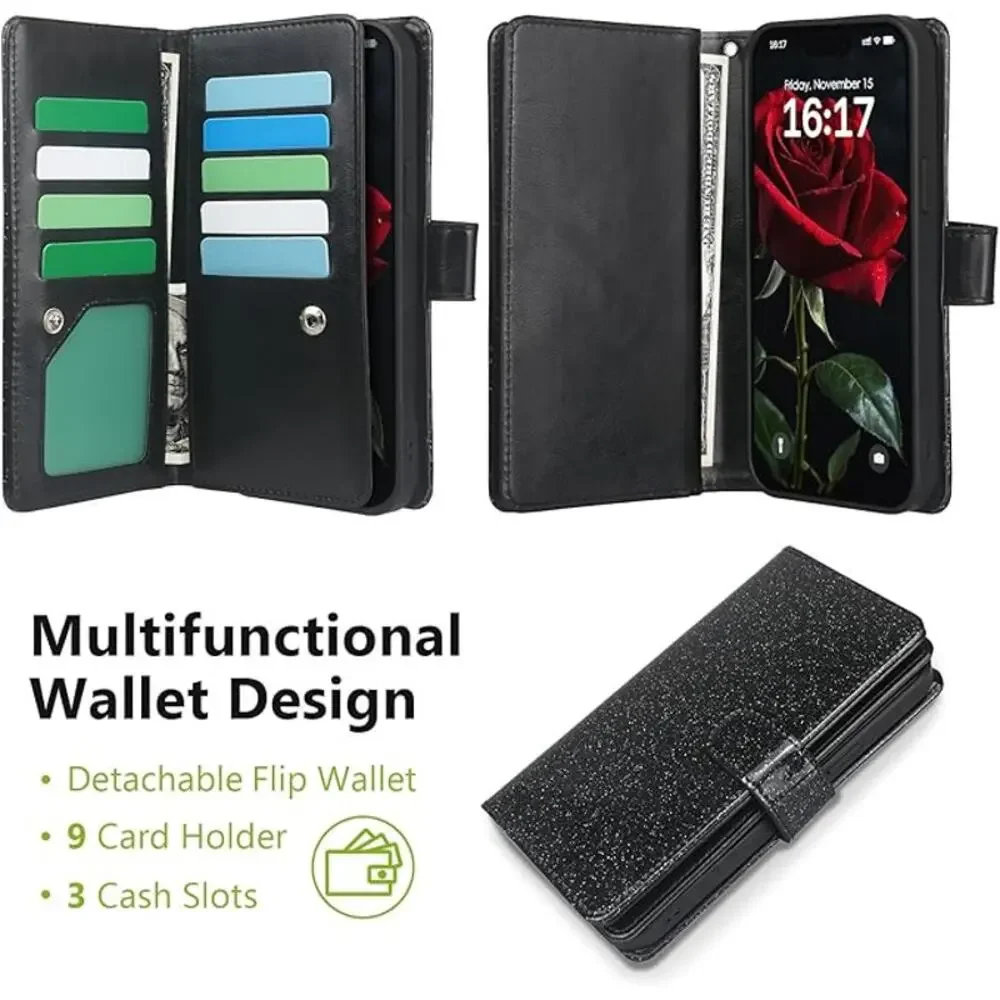 iPhone 16 Pro Black Glitter Phone Case With  Detachable Wallet with Card Holder